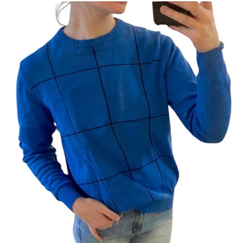 Vintage JOHN ASHFORD Blue Black Checked Cotton Crew Neck Pullover Sweater Jumper - Picture 12 of 16